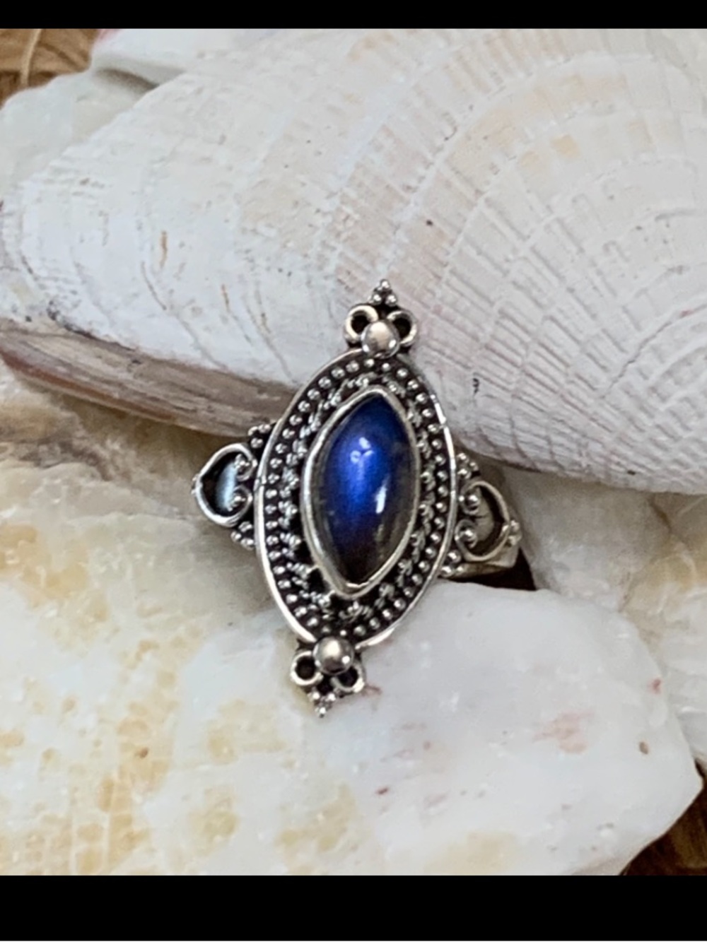 Victorian Style Blue Moonstone Sterling Silver Ring